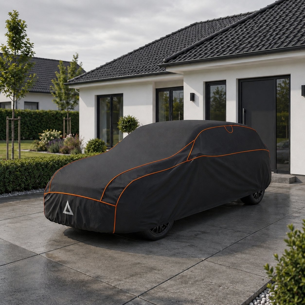 Voiture protégée par une bâche anti-grêle dans une allée